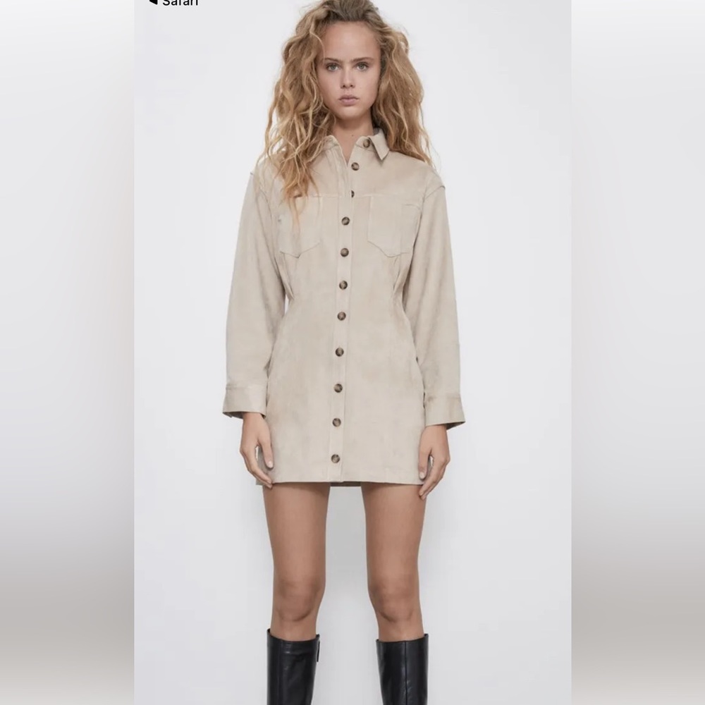 NWOT | Zara Faux Suede Button Up Mini Dress - Tan - Medium